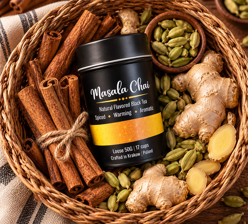 Masala Chai Leo Tea – czarna herbata z kardamonem, imbirem, cynamonem i pieprzem w metalowej puszce